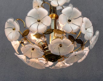 Murano Flower Lamp, White Brass chandelier, Ceiling Light, Floral Chandelier Lamp,  Vintage Handmade Glass Lamp 1970s