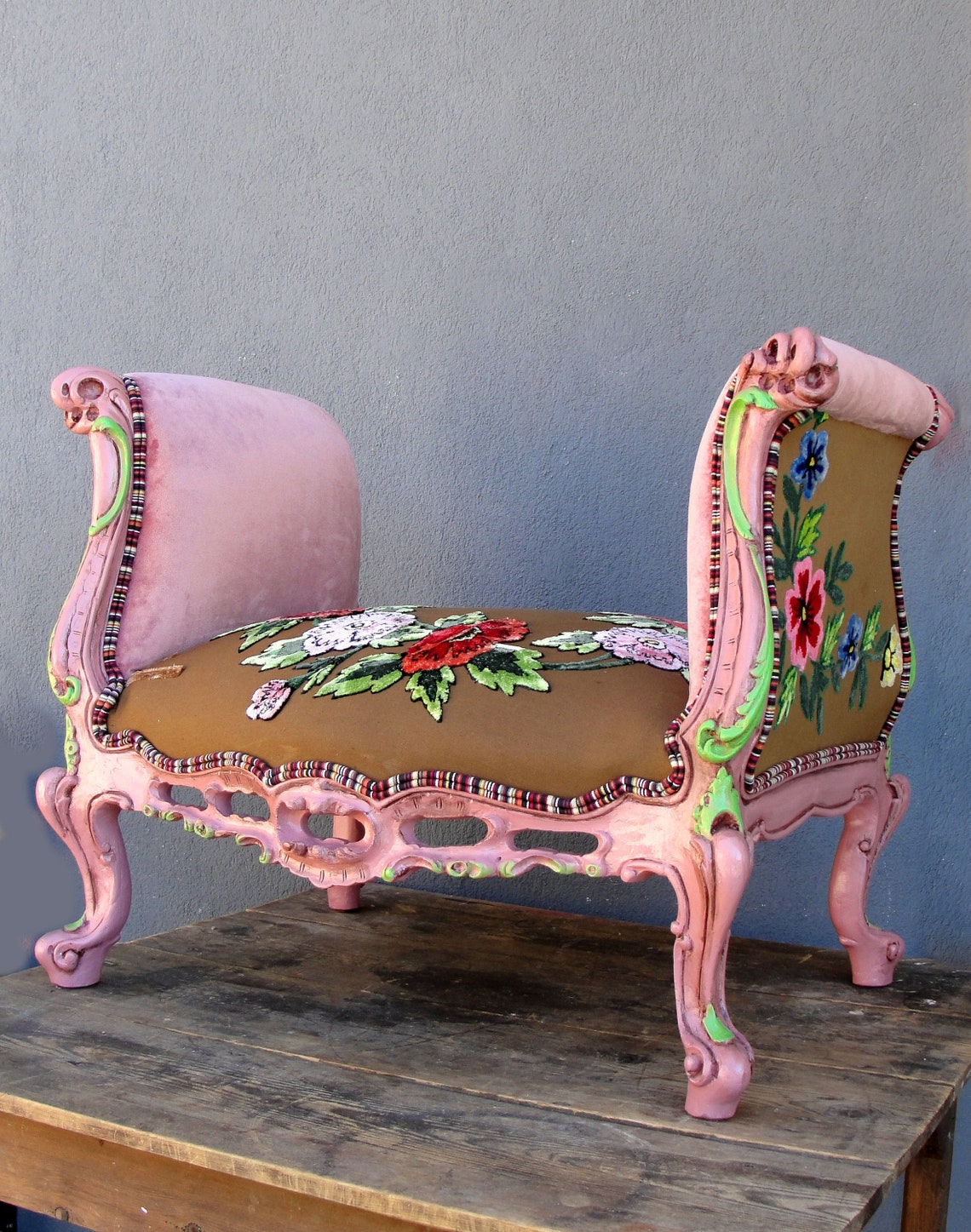 Floral Bench Bohemian Vanity Chair Embroidered Flower Power - Etsy