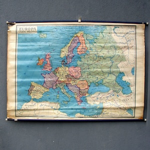 Vintage Europe School Map Mappa a doppia faccia Pull Down Made in Italy 1950 Geografia extra large