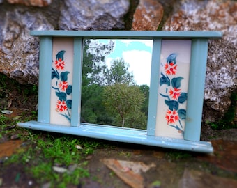 Cottage Mirror Reverse Painted Mirror 1940s-1950s, Bride's mirror, Jewelry Rack, Wooden Frame Vintage Floral Shabby Chic Rustic Mirror