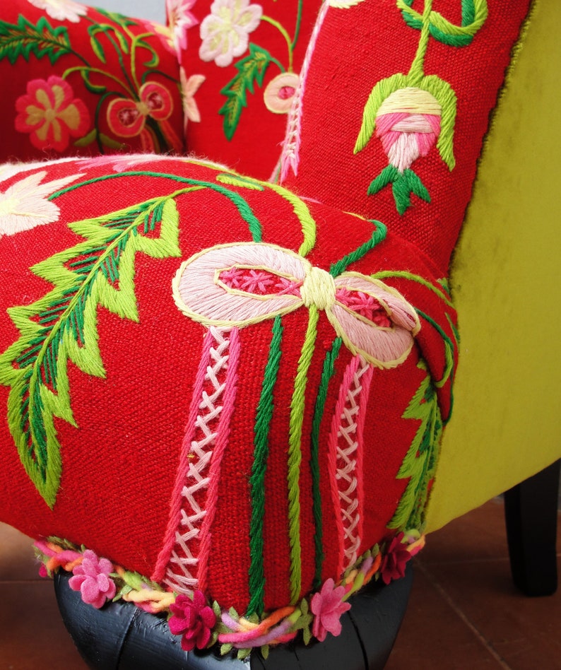Floral Bergere Chair Embroidered Armchair Flowers and Bows Etsy