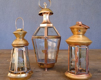 Brass Lanterns, Etched Glass, Glass Lanterns lamp, Vintage Candle Holders Lighting, Lamp 1940s - 1950s