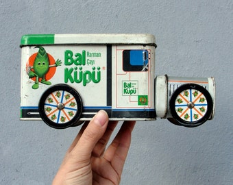 Vintage Tin Truck, Advertisement Tin, Tin Toy, Turkish Vintage Tea Tin Canister 1987 Made in Turkey