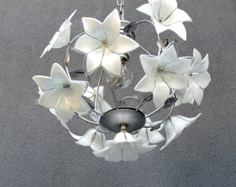 White Flower Chandelier, Murano Glass Floral Lamp, White chandelier, Ceiling Light, Chandelier Lamp,  Vintage Handmade Glass Lamp 1970s