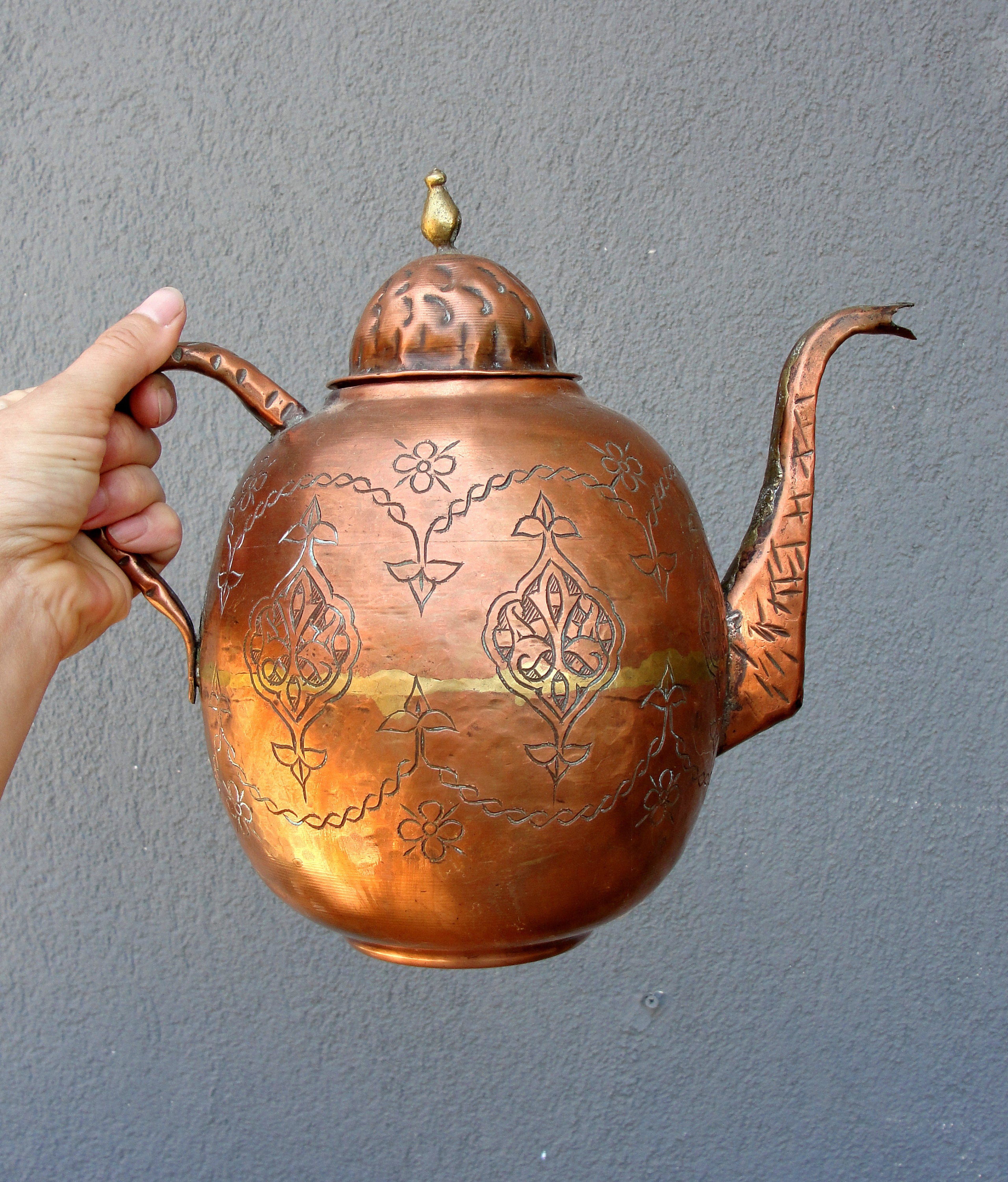 Copper and Brass Coffee Pot, Sugar Bowl, Cups, Turkish
