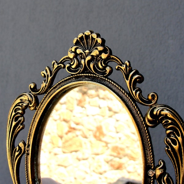 Ornate Brass Mirror, Brass Vintage Table Mirror, Mid century Baroque Mirror, 1960's, Colonial Table Mirror