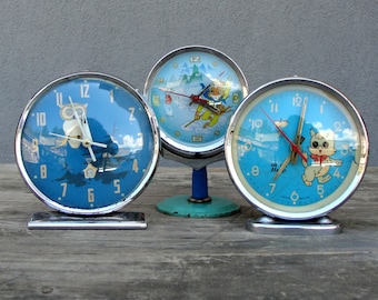 Vintage MCM Owl, Cat, Monkey Alarm Clock China Clock, Wind Up Alarm Clock Shanghai. Blue Mid Century Collectible Winding Clock 1950s