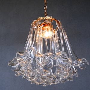 Murano Flower Lamp, Glass Floral Lamp, Clear Brass chandelier, Ceiling Light, Chandelier Lamp,  Vintage Handmade Glass Lamp 1970s