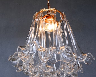 Murano Flower Lamp, Glass Floral Lamp, Clear Brass chandelier, Ceiling Light, Chandelier Lamp,  Vintage Handmade Glass Lamp 1970s