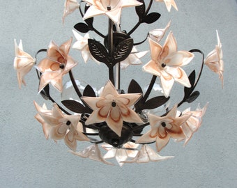 Glass Floral Lamp, Orange Brass chandelier, Ceiling Light, Chandelier Lamp,  Vintage Handmade Glass Lamp 1970s