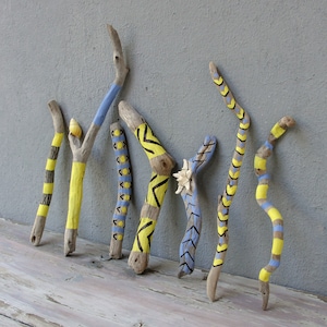 Natural Painted Driftwood Sticks, Sunny Yellow, Starfish, Seashell, Sky Blue, Beach Home Decor, Driftwood Decor, Set of 7 image 1