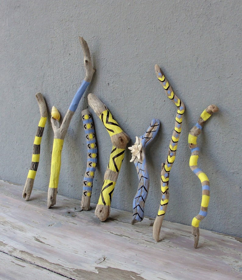 Natural Painted Driftwood Sticks, Sunny Yellow, Starfish, Seashell, Sky Blue, Beach Home Decor, Driftwood Decor, Set of 7 image 1