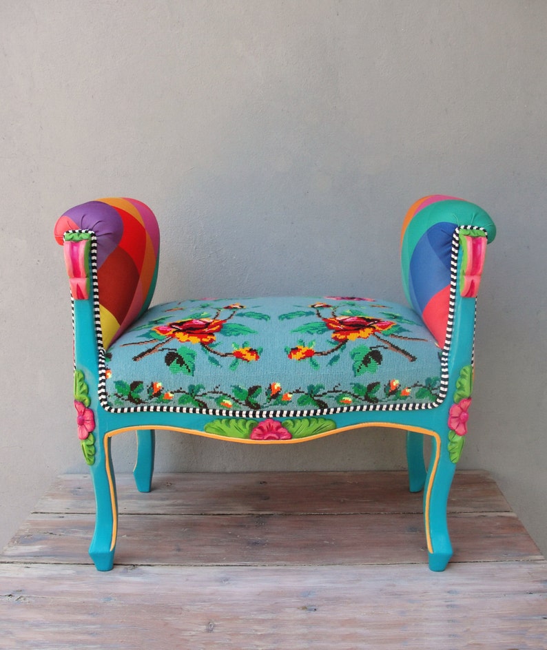 Rainbow Bench Bohemian Vanity Chair Embroidered Flower Power | Etsy
