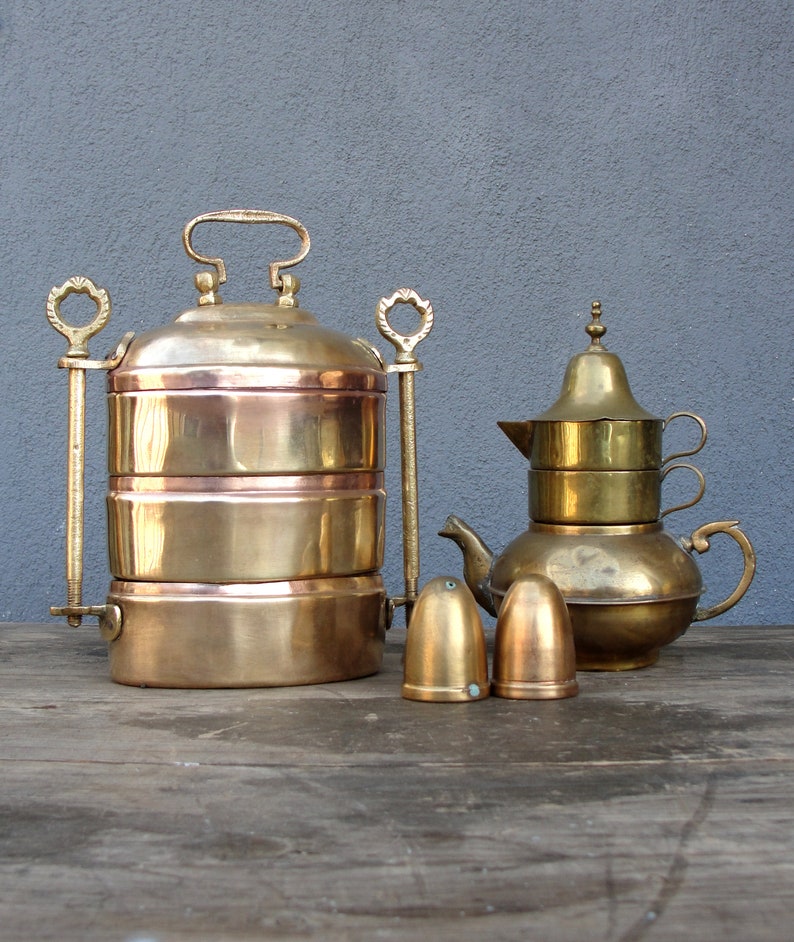 Vintage Food container, Coffee pot, Salt & Pepper, Brass Kitchenware, Tiffin, Vintage Brass Compartments, Lunch Box, Food Container, 1940s image 10