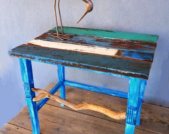 Driftwood Table, Boatwood Side table, End table with Driftwood and Boatwood, Wooden Furniture, Sea blue Sidetable