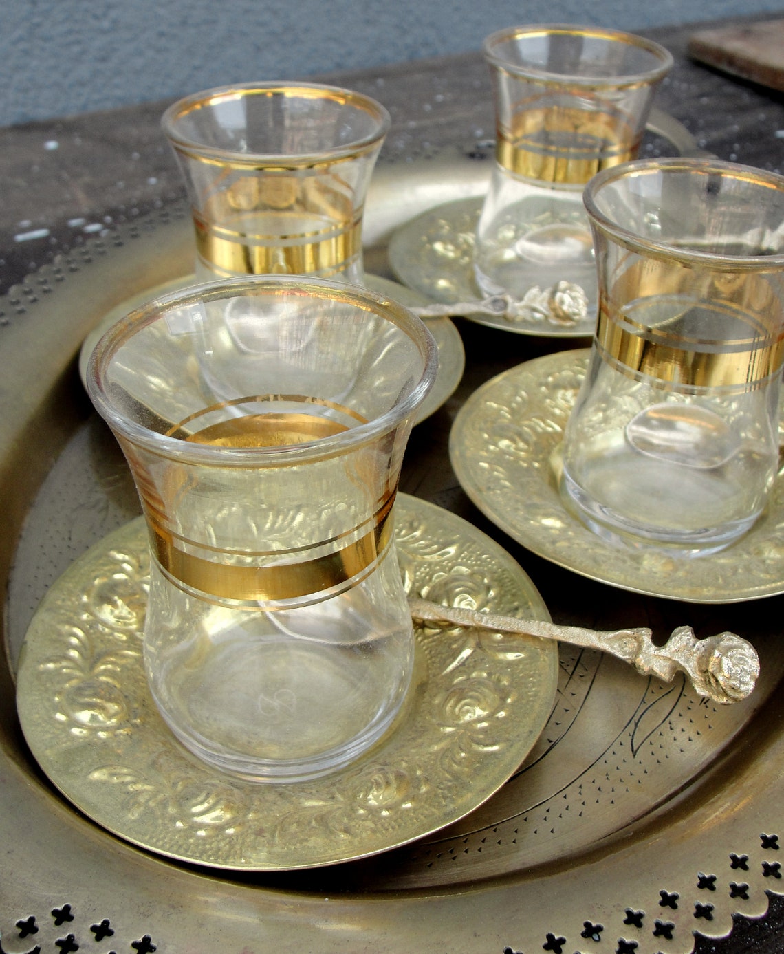Vintage Turkish Brass Tea Set Brass Roses Teacups Saucers Etsy Uk