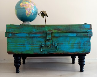 Vintage Trunk Coffee table, End table with Wooden Legs, 1910s Suitcase Furniture, Pre WW1  Footlocker Side table with Storage