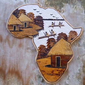 Handmade Wooden Africa Map, Continent of Africa, Banana Leaf, Huts Canoes, trees, People, African Wooden Art 1990s image 4