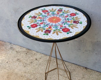 Embroidered Side table, Diamond Hairpin Legged, Bohemian End table with Vintage Embroidery, Brass and Glass, Handmade Furniture Sidetable