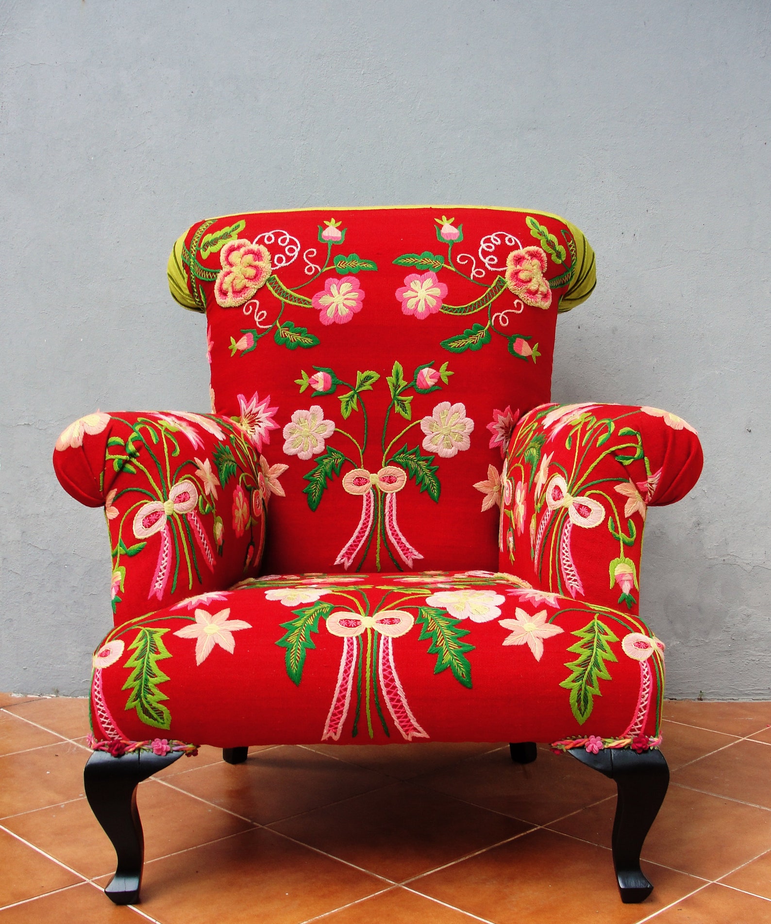 Floral Bergere Chair Embroidered Armchair Flowers and Bows Etsy