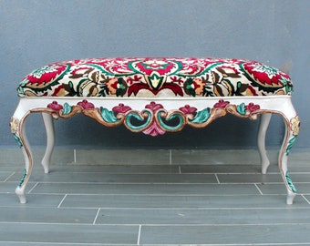 Large Floral Embroidered Ottoman, Hand carved wooden Furniture, Queen Anne Legs, Red, Green White, Brown, Pouf Bohemian Wooden Furniture