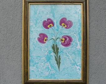Marbled Paper Art, Ebru sanat Violet Art, Ebru Art, Marbling, Original Painting, Vintage Framed