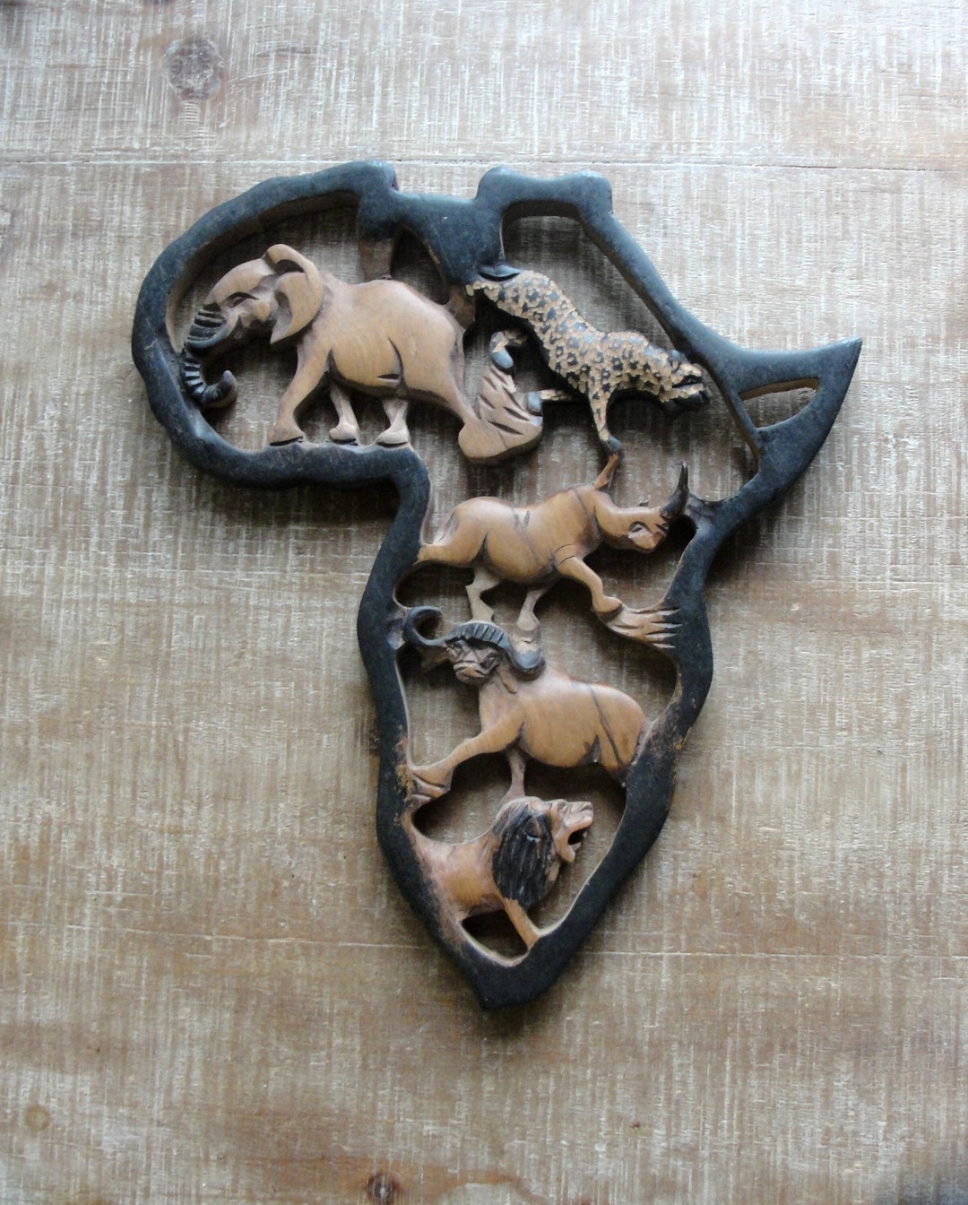 Hand Carved Wooden Africa Map, Continent of Africa, Native Animals