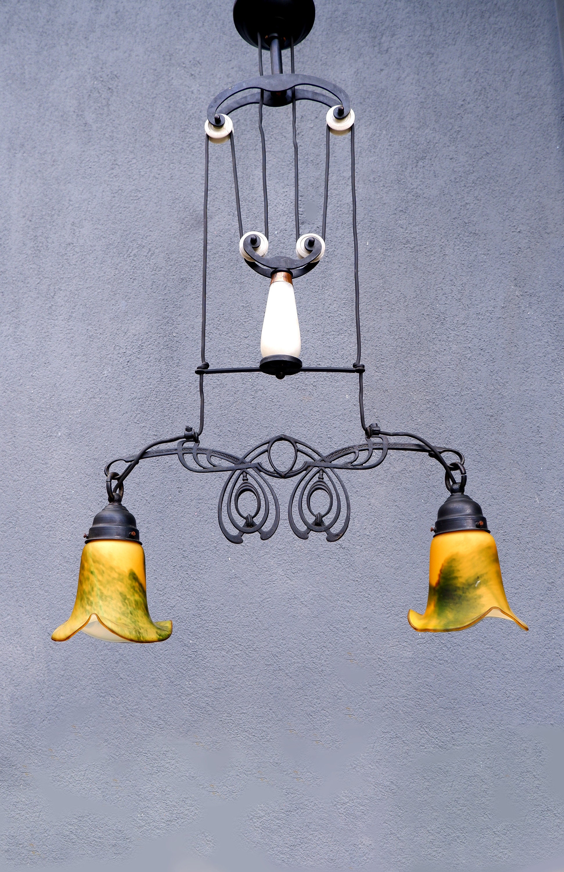 Art Nouveau Lamp, Rise and Fall Chandelier, Pulley