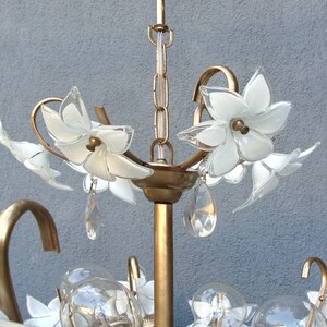 Murano bloemenlamp, witte koperen kroonluchter, plafondlamp, kroonluchterlamp, vintage handgemaakte glazen lamp uit de jaren 70 afbeelding 6