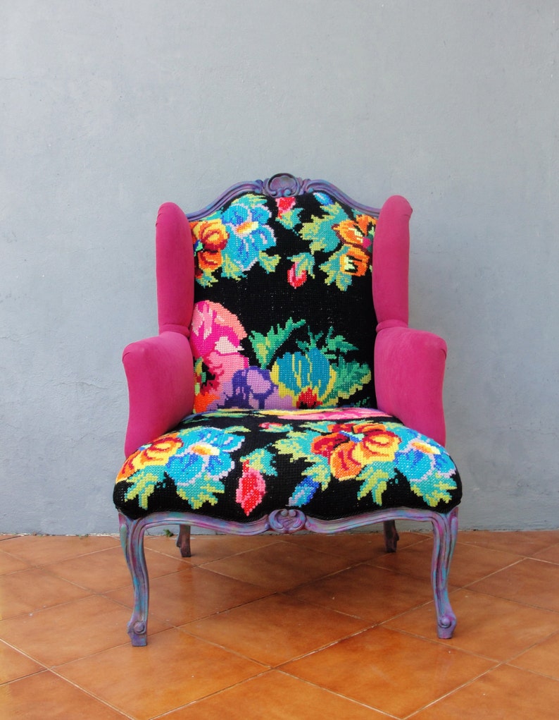 Embroidered Armchair Baroque Flowers and Woodwork Bohemian Etsy