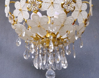 White Murano Floral Lamp, Glass and Crystal Flower chandelier, Ceiling Light, Chandelier Lamp,  Vintage Handmade Glass Lamp 1970s