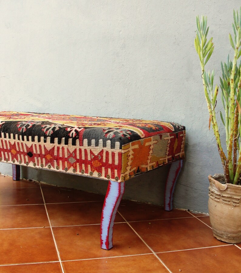 Kilim Ottoman Bench Kilim Pouf Bohemian Wooden Furniture Etsy