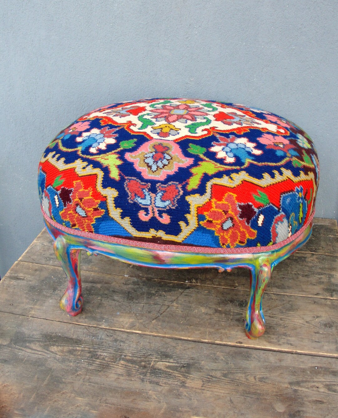 Rainbow Floral Embroidered Ottoman Hand Carved Wooden Etsy