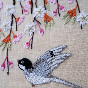 Vintage Blossoms and Bird Embroidery, Framed Textile Art Floral Embroidery Home Decor 1980s