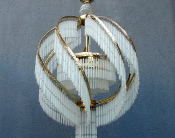 Retro Glass Fringe Chandelier, Art Deco Style, Ceiling Pendant Light, Glass Stick Chandelier,  White and Gold Lamp 1980s