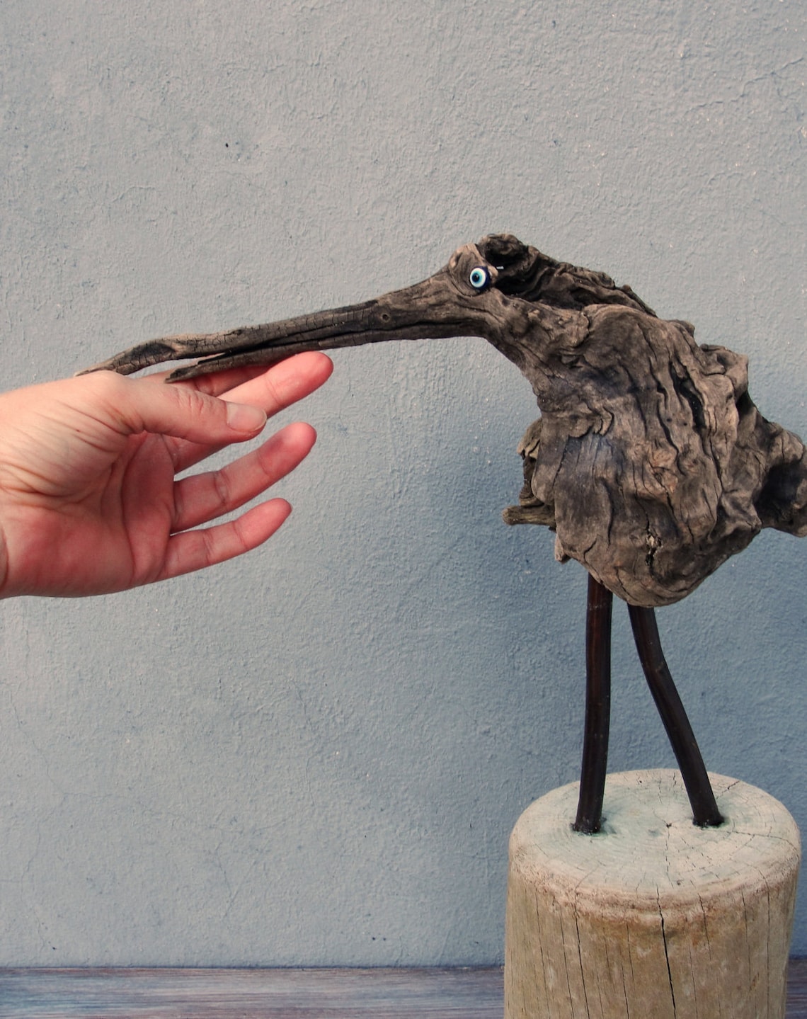 Driftwood Art Bird, Driftwood, Copper and Evil Eyes Driftwood Sculpture