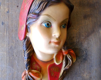 Art Deco Face Wall Plaque, Little Red Riding Hood, Plaster Wall Decor