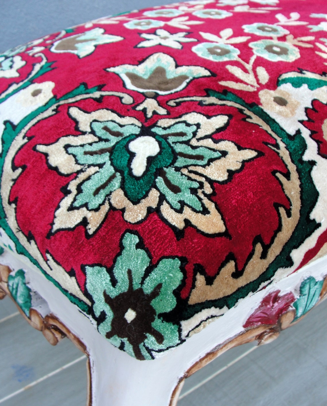 Large Floral Embroidered Ottoman Hand Carved Wooden Etsy