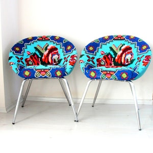 Embroidered Lounge Chairs, Molded Shell Chairs, Vintage Embroidery Retro Chairs, Colorful Bohemian Furniture, Boho Floral Chairs
