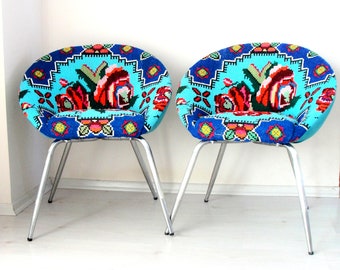 Embroidered Lounge Chairs, Molded Shell Chairs, Vintage Embroidery Retro Chairs, Colorful Bohemian Furniture, Boho Floral Chairs