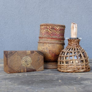 Vintage Wooden Wicker Decorative Pieces, Wood, Woven Bowl, Marquetry Box, Handmade wicker Bottle, 1950's image 1