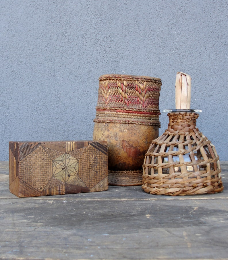Vintage Wooden Wicker Decorative Pieces, Wood, Woven Bowl, Marquetry Box, Handmade wicker Bottle, 1950's image 1