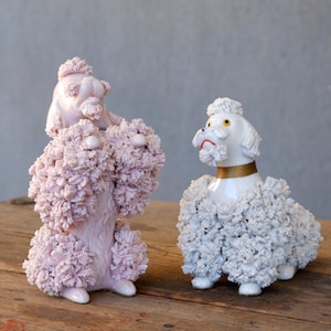 Vintage Japanese Poodle Figurines, Napco Pink and White Spaghetti Poodle Dog Figurines 1950s