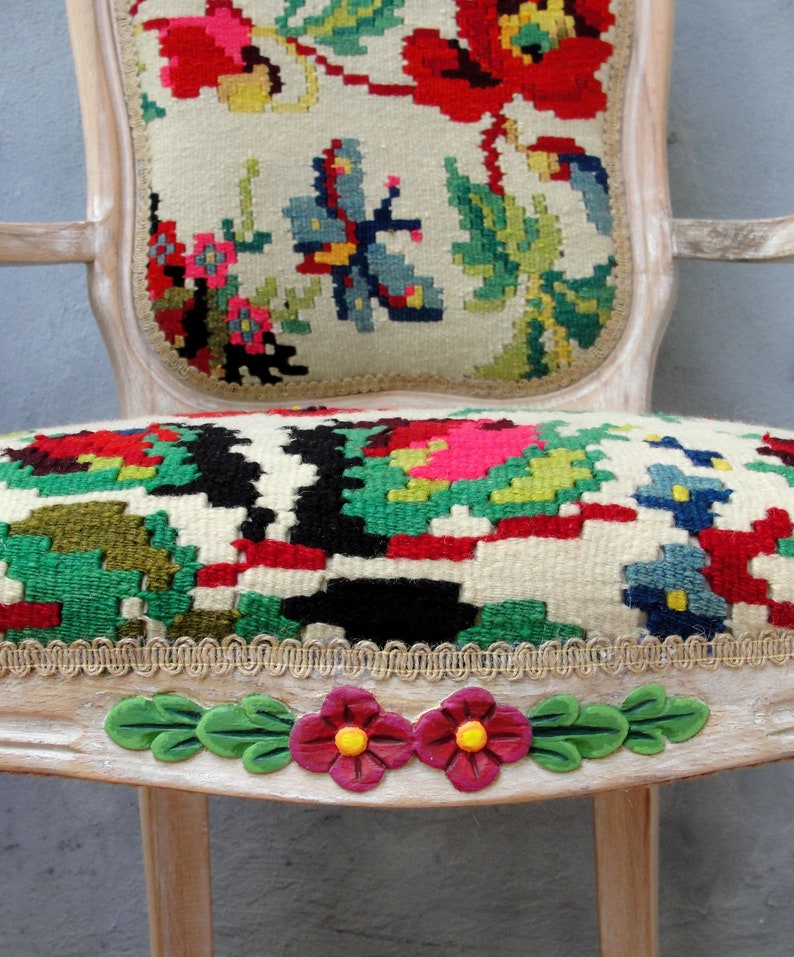 Floral Kilim Chairs, Two Armchairs Bohemian Flowers and Woodwork Bohemian Furniture Vintage Kilim, Hand painted Details, Global Textile image 3