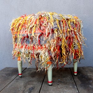 Hairy Rainbow Kilim Ottoman, Bohemian Pouf, Kilim Pouf, Upcycled Knitted Fabric, Bohemian Wooden Furniture Vintage Kilim, Global Textile
