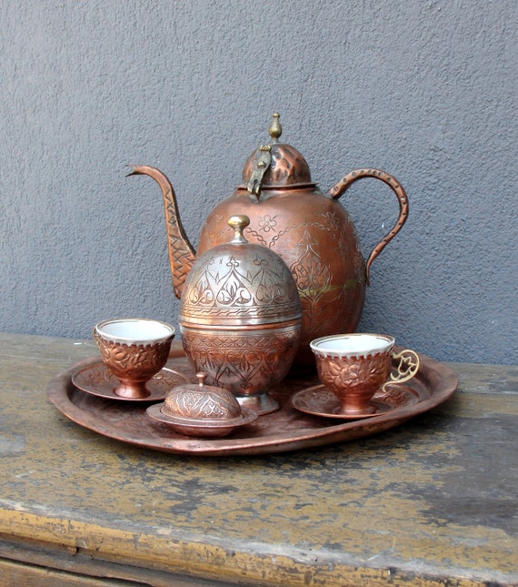 Vintage Turkish Coffee Pot Set, Turkish Teapot with Tray and 6 Tea Glasses,  Turkish Coffee Cups Set Metal, Turkish Tea Glasses Set Coffee Pot Moroccan