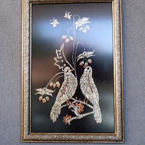 Vintage Love Birds Embroidery, Framed Textile Art Floral Embroidery Home Decor 1980s