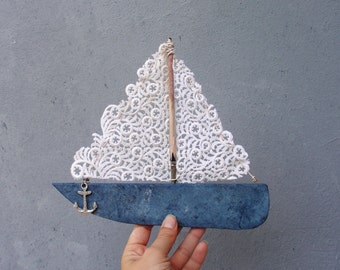 Sea Romance Boat - Beach Plastic, Driftwood, Vintage lace, Anchor, Textile, Beach Home Decor