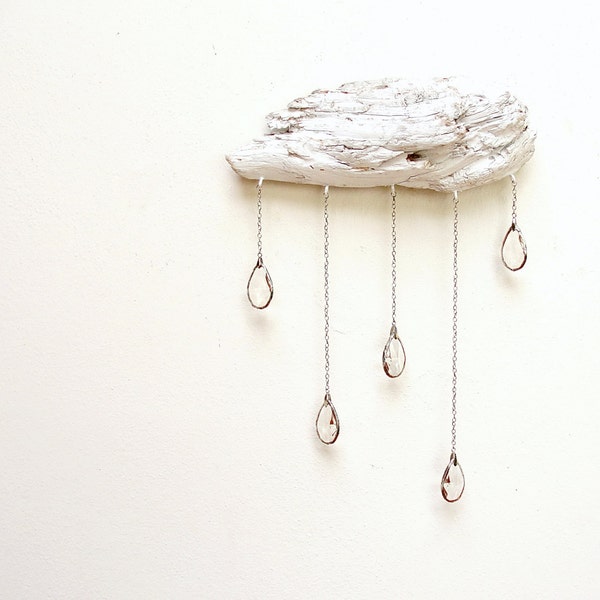 Driftwood Cloud with Vintage Crystal Raindrops - Wall Hanging