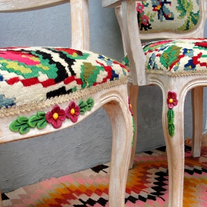 Floral Kilim Chairs, Two Armchairs Bohemian Flowers and Woodwork Bohemian Furniture Vintage Kilim, Hand painted Details, Global Textile image 7